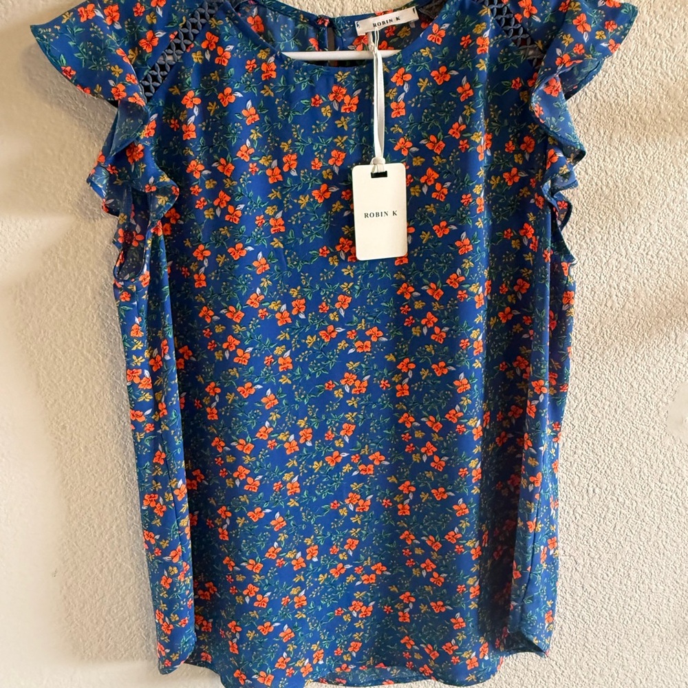 Robin K Blue and Red Floral Blouse